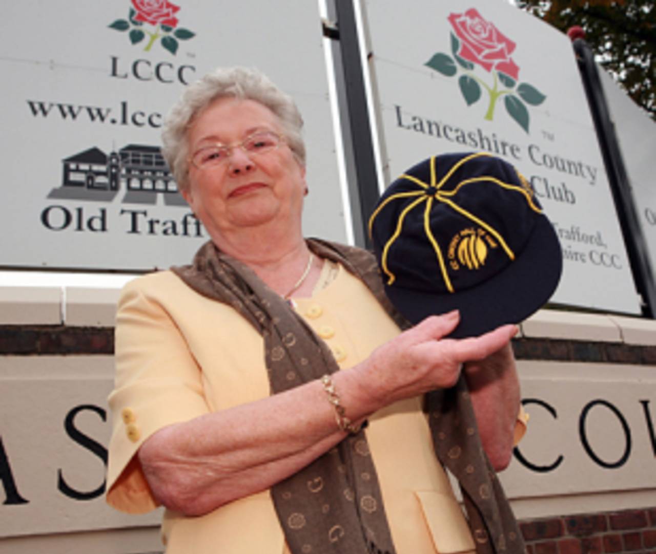 Audrey Statham with her late husband Brian's commemorative cap, Old Trafford, August 30, 2009