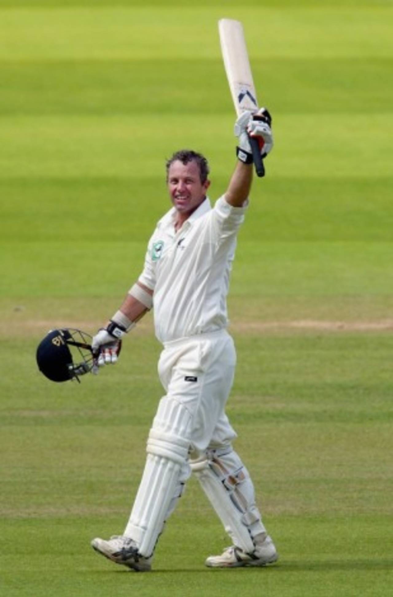 Mark Richardson of New Zealand celebrates making a century, England v New Zealand, first Test, Lord's, May 23, 2004 in London