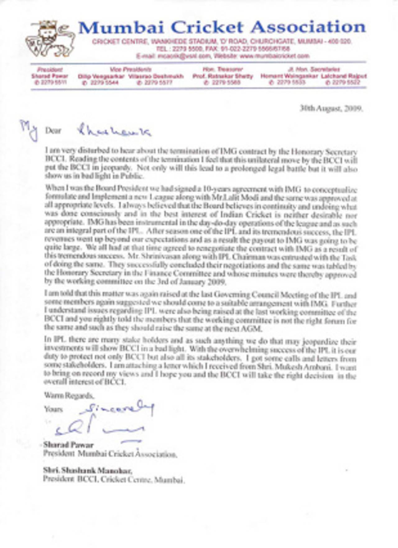 Letter from Pawar
