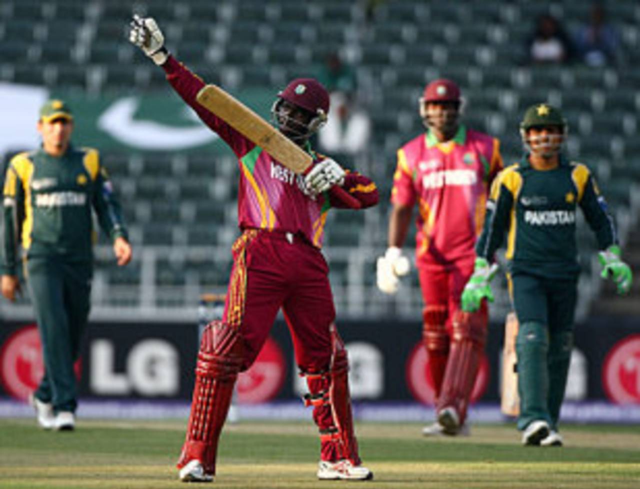 Nikita Miller gestures to his team-mates after reaching his fifty, Pakistan v West Indies, Champions Trophy, Group A, Johannesburg, September 23, 2009