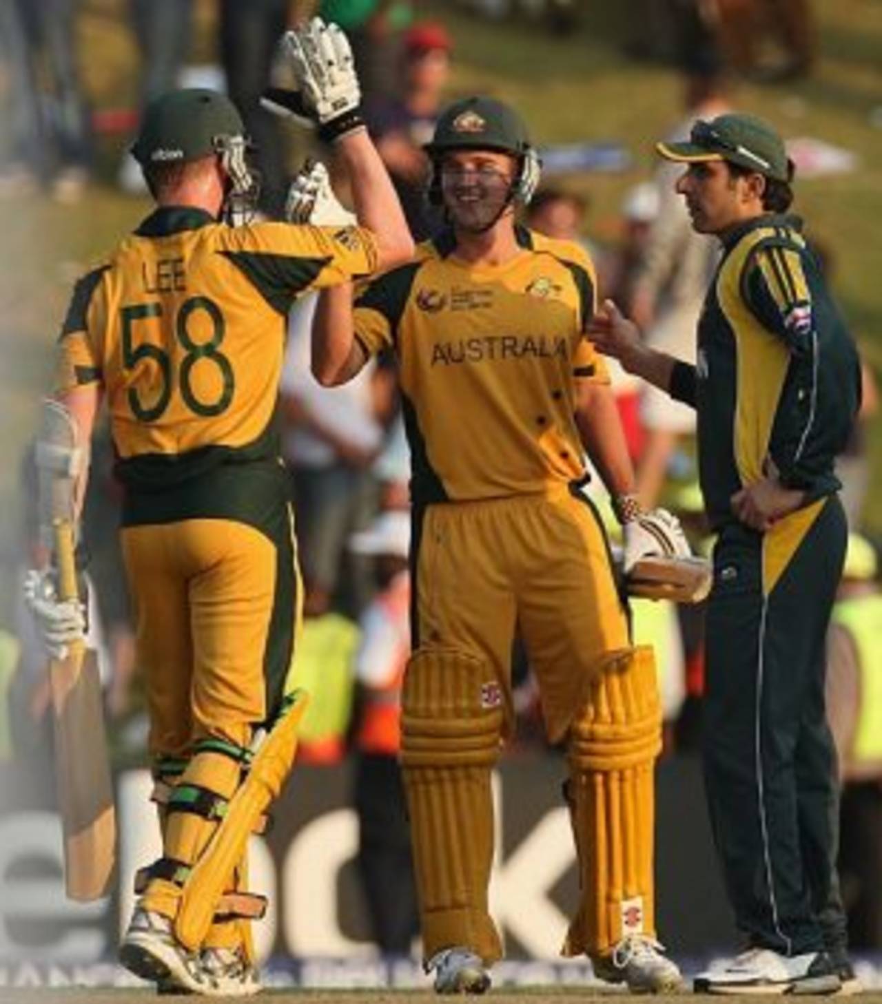 Nathan Hauritz and Brett Lee congratulate each other after the two-wicket victory, Australia v Pakistan, ICC Champions Trophy, Group A, Centurion, September 30, 2009