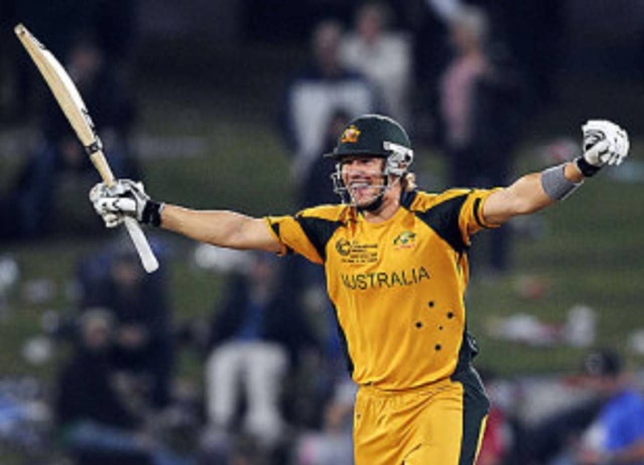 Shane Watson is on top of the world after slamming the winning runs, Australia v New Zealand, Champions Trophy final, Centurion, October 5, 2009