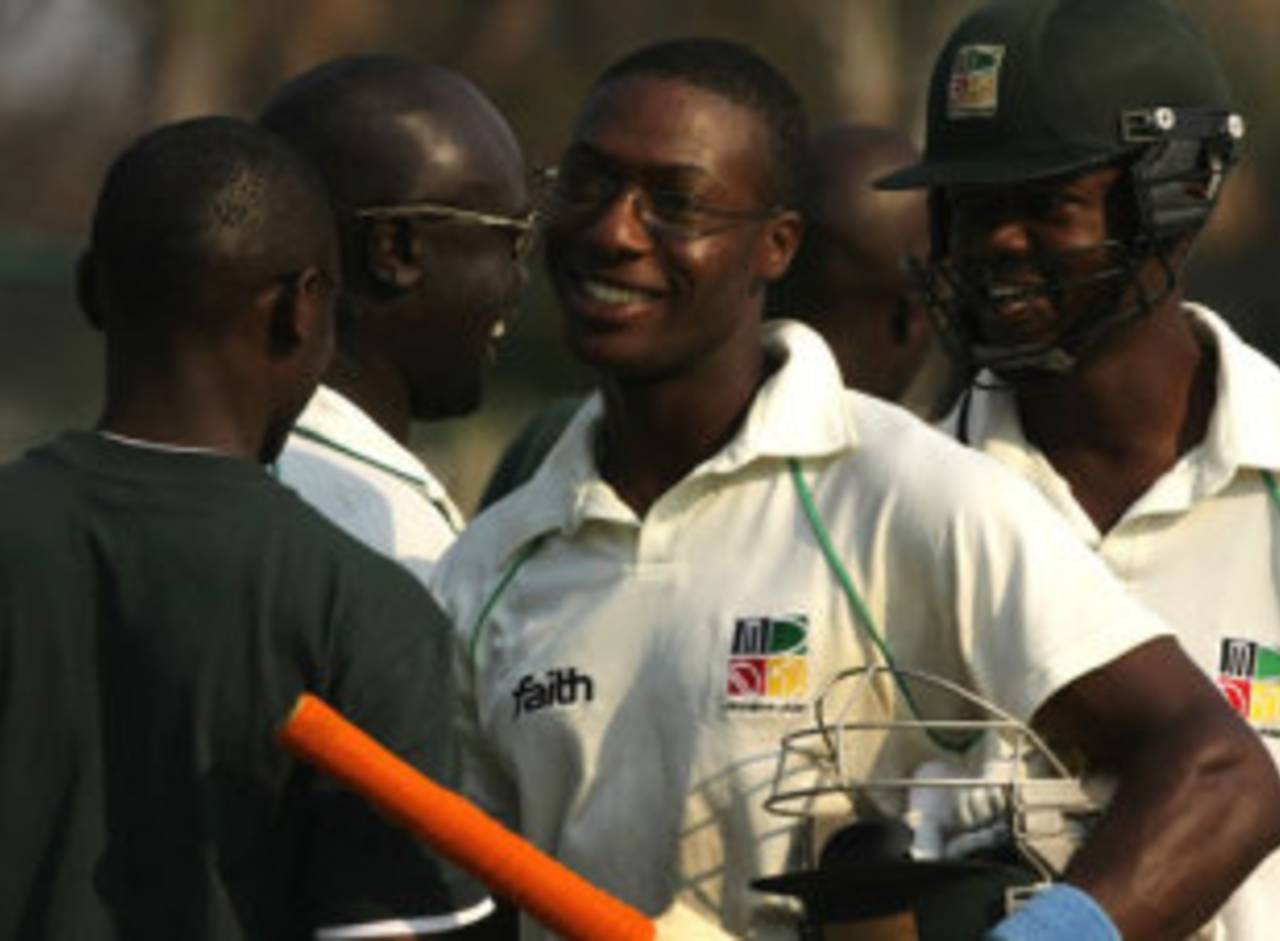 Vusi Sibanda takes the plaudits after steering Zimbabwe to victory with his second-innings hundred, following his double hundred in the first innings, Zimbabwe XI v Kenya, ICC Intercontinental Cup, Kwekwe, October 10, 2009