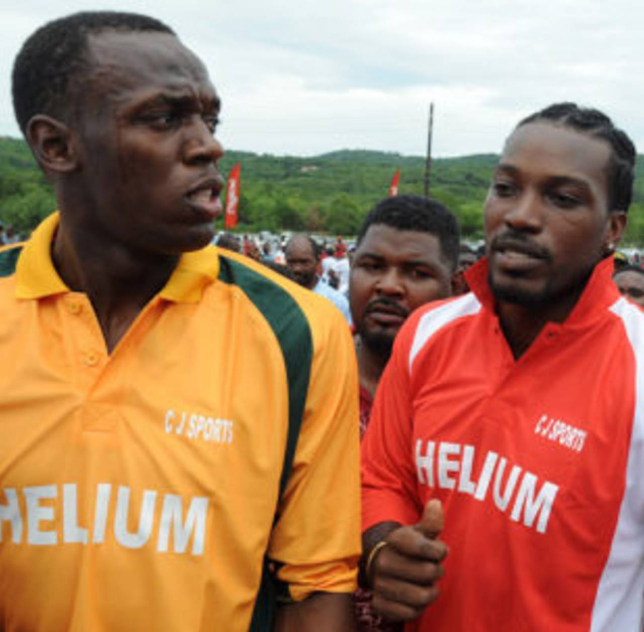 Usain  Bolt and Chris Gayle at a friendly cricket match in Jamaica, October 18, 2009