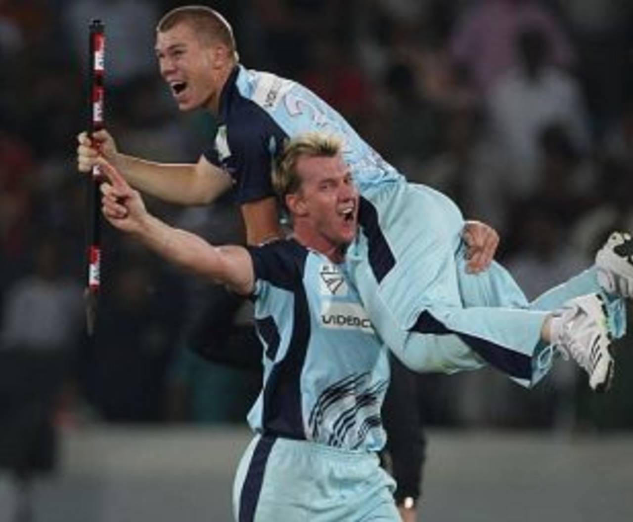 Stumped: Brett Lee and David Warner celebrate their lucrative Twenty20 success in Hyderabad&nbsp;&nbsp;&bull;&nbsp;&nbsp;Global Cricket Ventures-BCCI