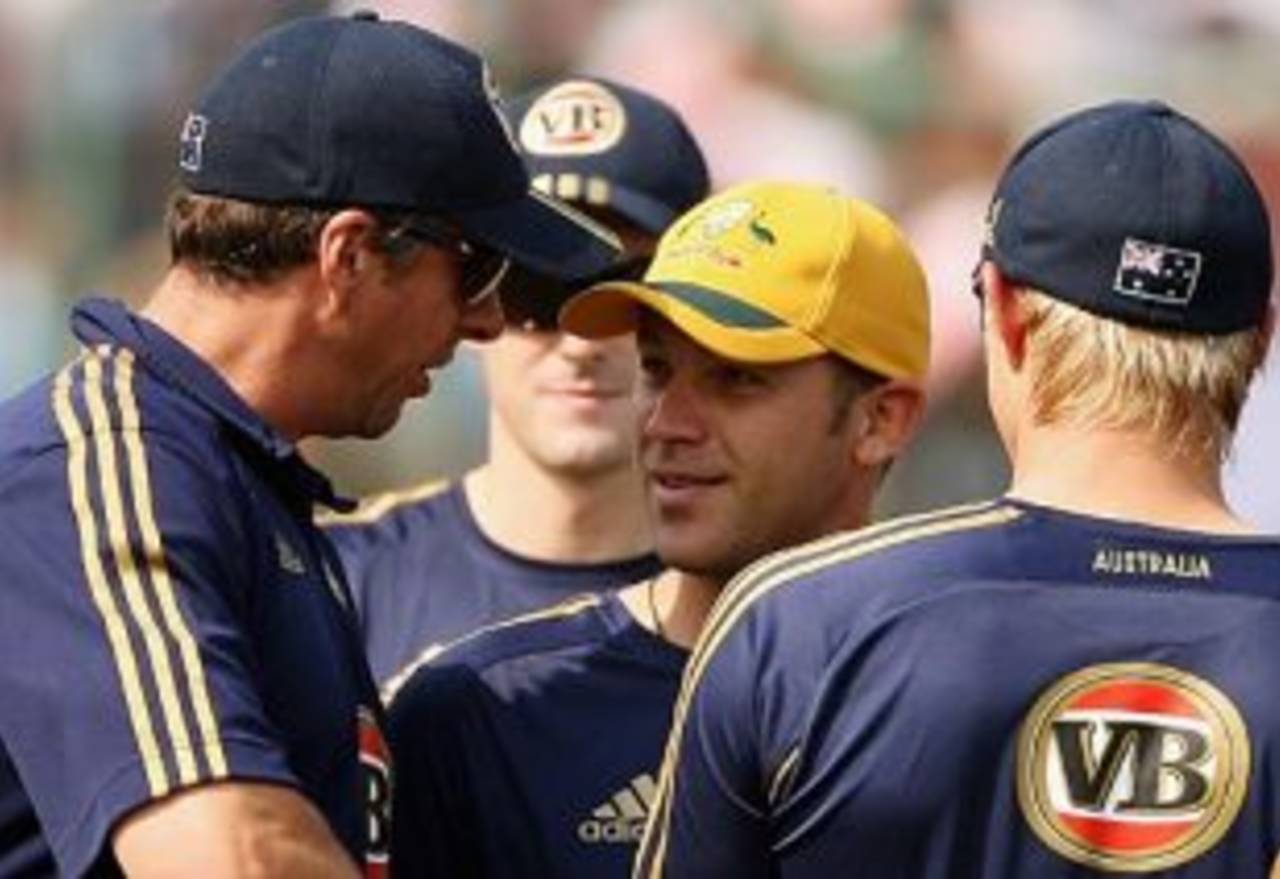 Graham Manou is congratulated on making his debut, India v Australia, 3rd ODI, Delhi, October 31, 2009