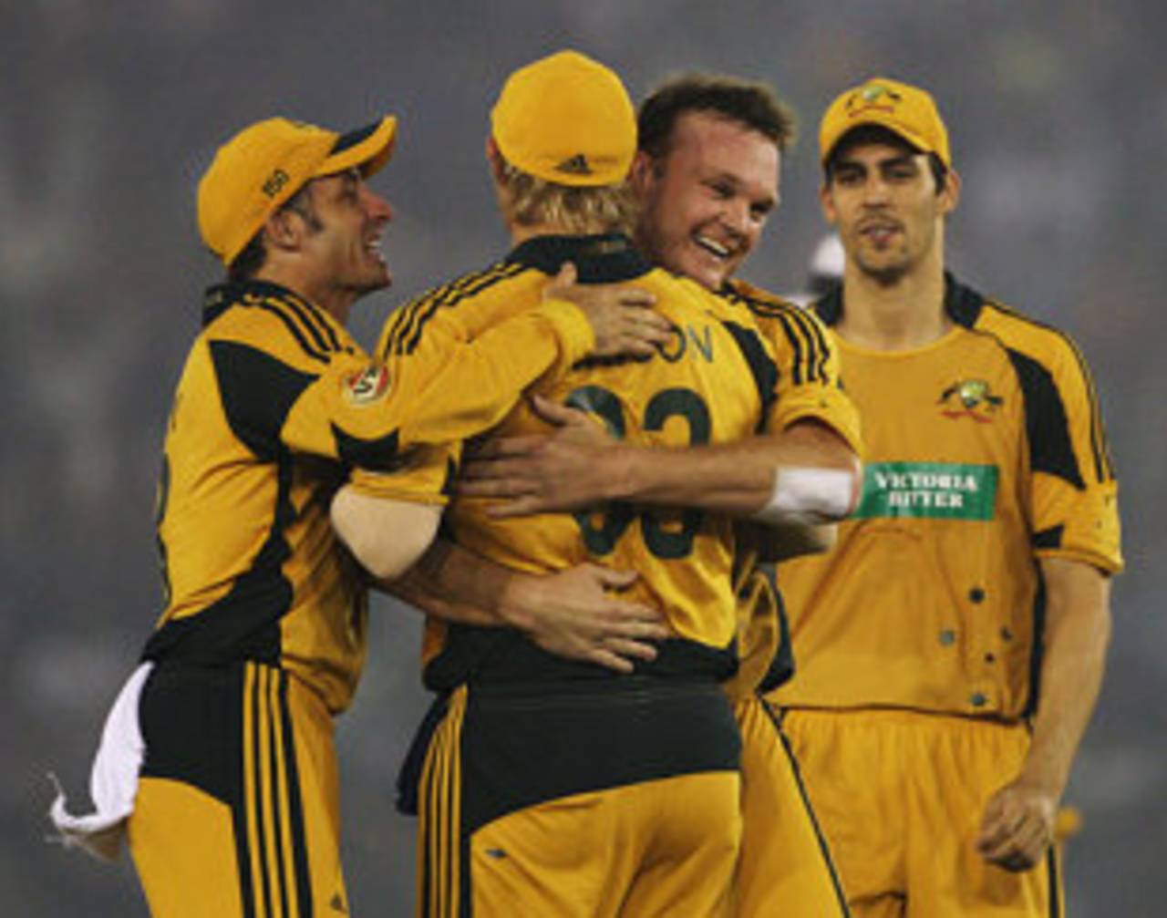 Doug Bollinger gets a hug after sending back Virender Sehwag, India v Australia, 4th ODI, Mohali, November 2, 2009 