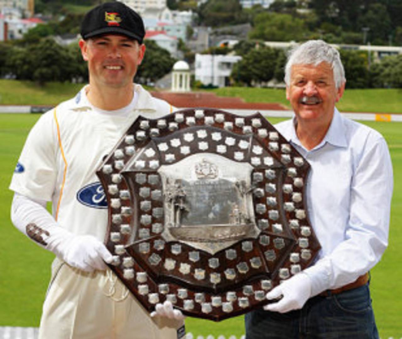 Matthew Bell and Glenn Turner with the Plunket Shield, which is being dusted off for this summer's first-class competition&nbsp;&nbsp;&bull;&nbsp;&nbsp;New Zealand Cricket