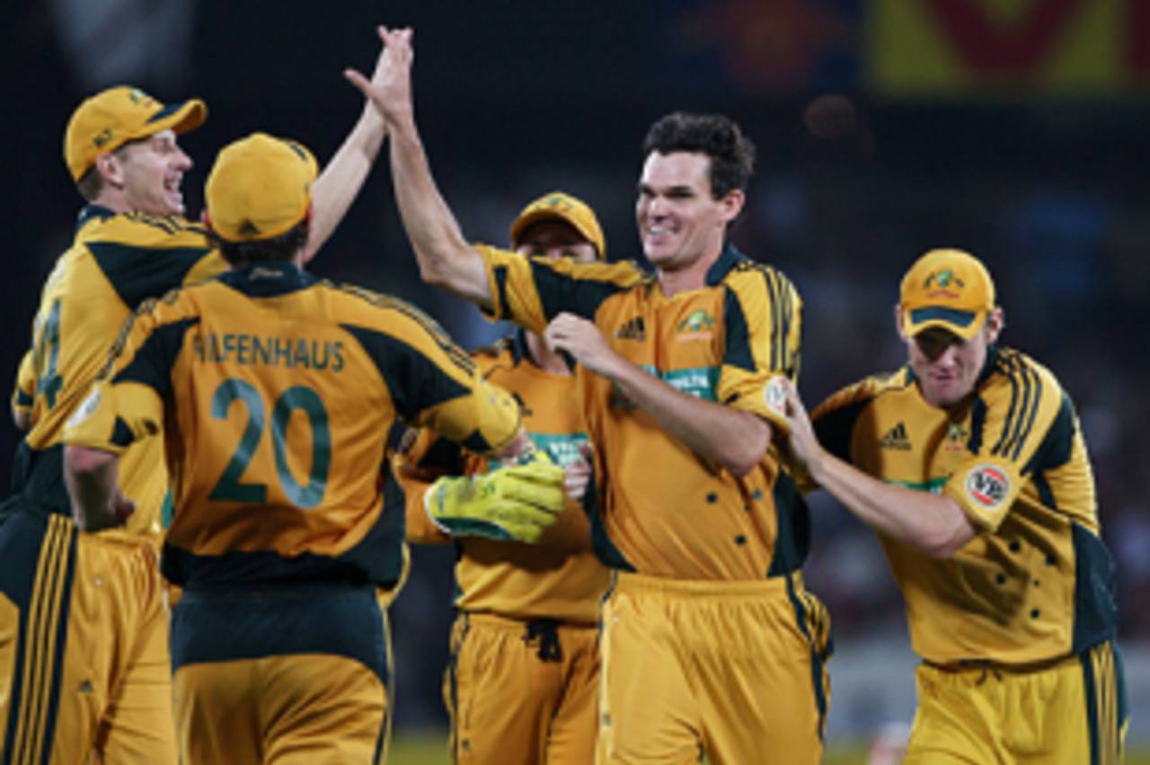 Success for Clint McKay after taking his first ODI wicket, India v Australia, 5th ODI, Hyderabad, November 5, 2009