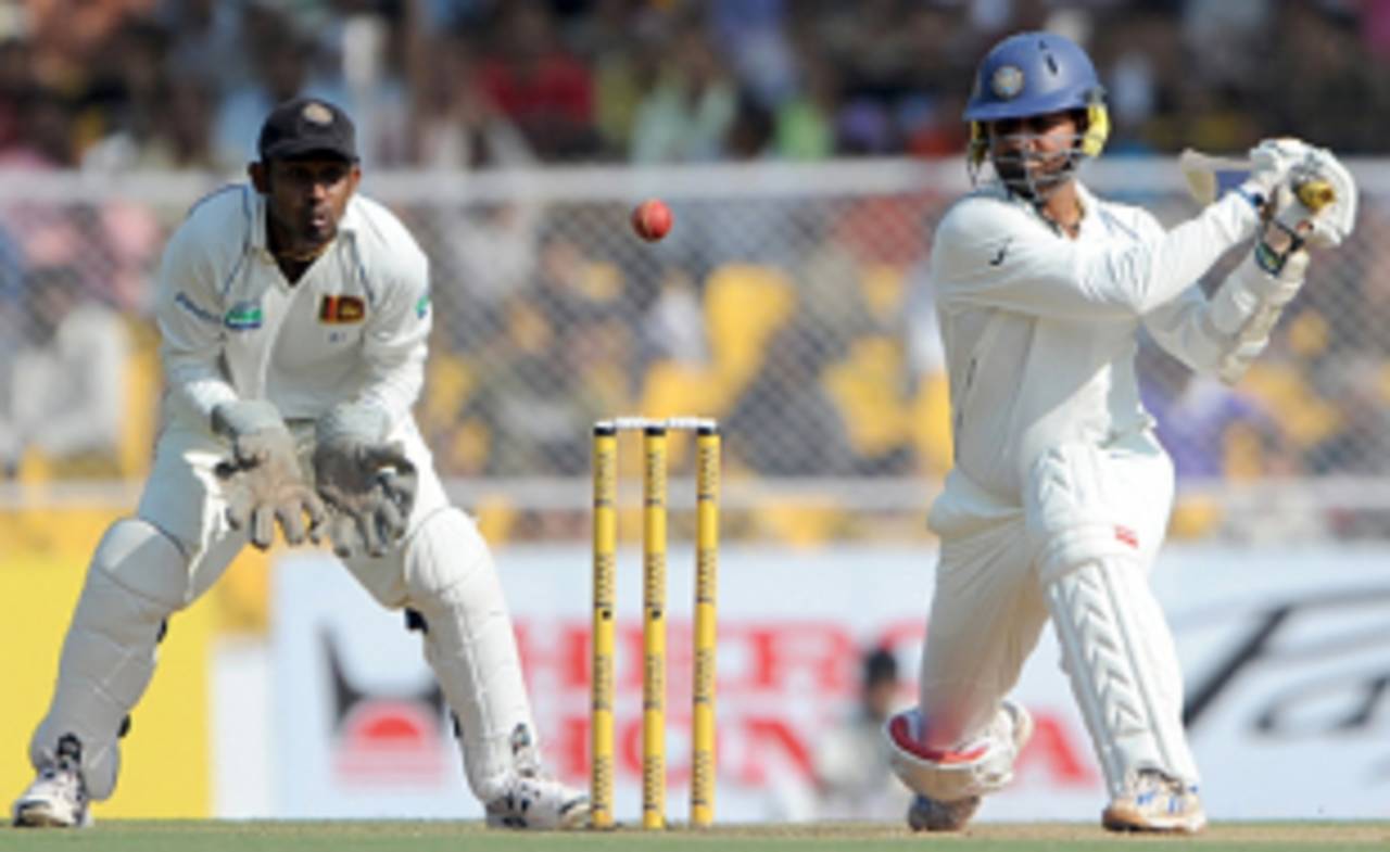 Prasanna Jayawardene looks on as Harbhajan Singh swings, India v Sri Lanka, 1st Test, Ahmedabad, 2nd day, November 17, 2009