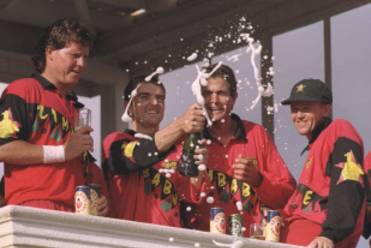 Zimbabwe players celebrate their big win over England, Zimbabwe v England, third ODI, Harare, January 3, 1997