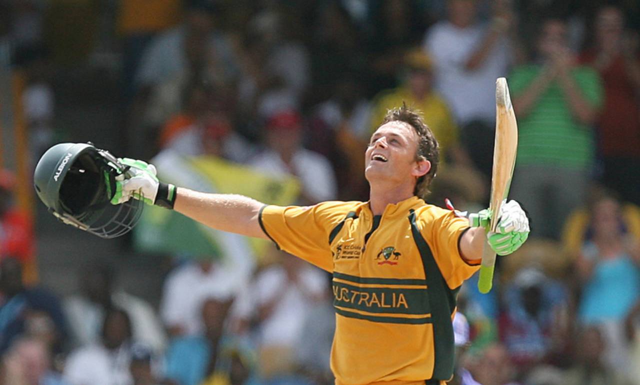 Adam Gilchrist celebrates smacking a 72-ball hundred, Australia v Sri Lanka, World Cup final, Barbados, April 28, 2007
