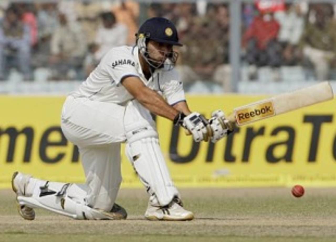Yuvraj Singh sweeps on the second day, India v Sri Lanka, 2nd Test, Kanpur, 2nd day, November 25, 2009