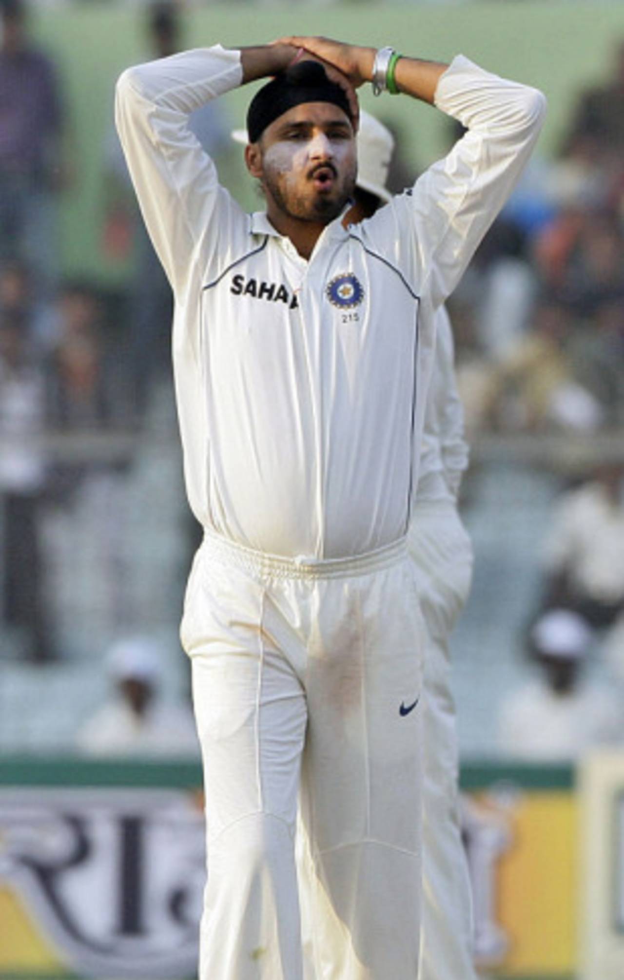 Harbhajan Singh reacts after a close call, India v Sri Lanka, 2nd Test, Kanpur, 2nd day, November 25, 2009