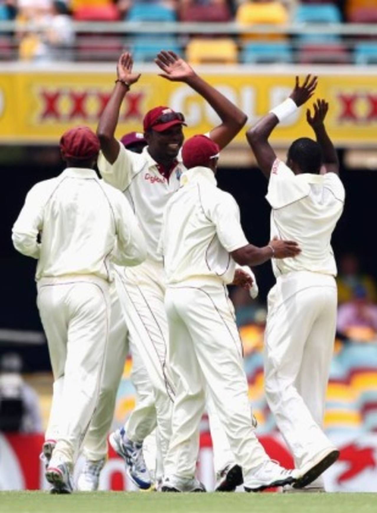 The West Indies players congratulate Jerome Taylor on removing Shane Watson, Australia v West Indies, 1st Test, Brisbane, 1st day, November 26, 2009