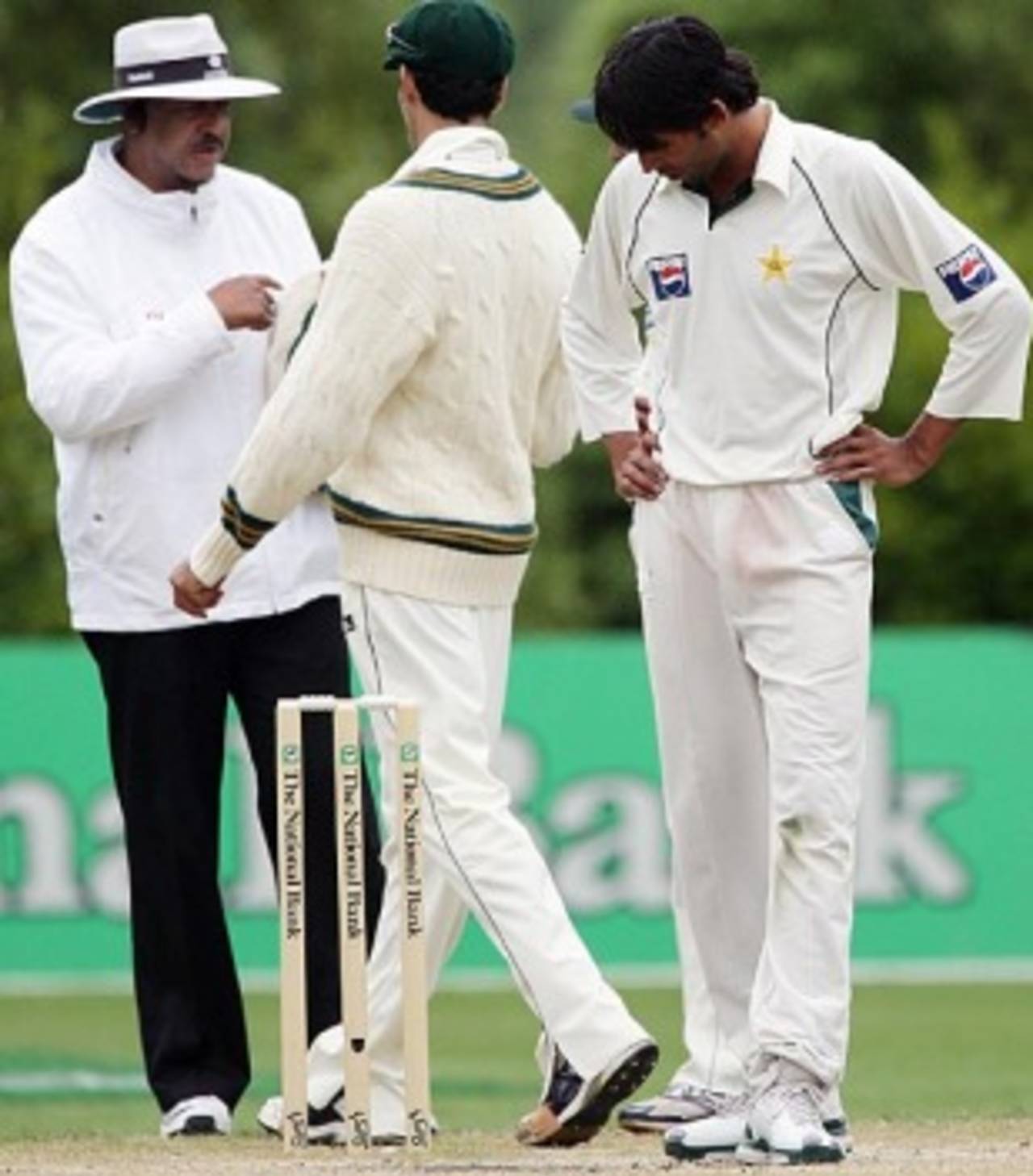 Mohammad Asif looks at the crease after a no-ball was called following a review of an lbw appeal, New Zealand v Pakistan, 1st Test, Dunedin, 4th day, November 27, 2009