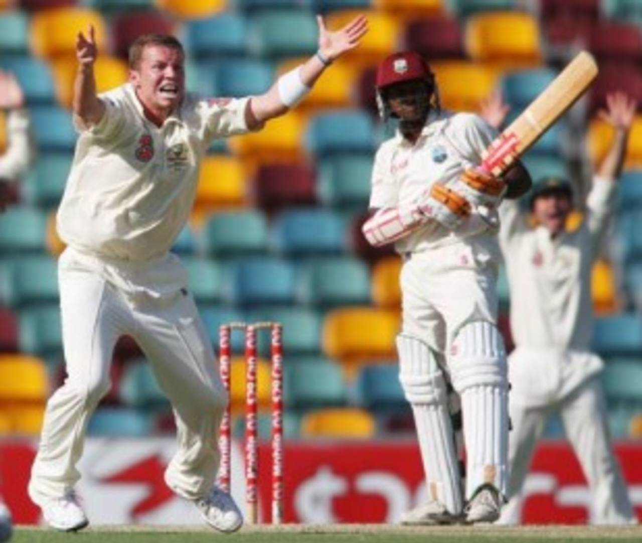 Peter Siddle appeals successfully for the key wicket of Shivnarine Chanderpaul, Australia v West Indies, 1st Test, Brisbane, 2nd day, November 27, 2009