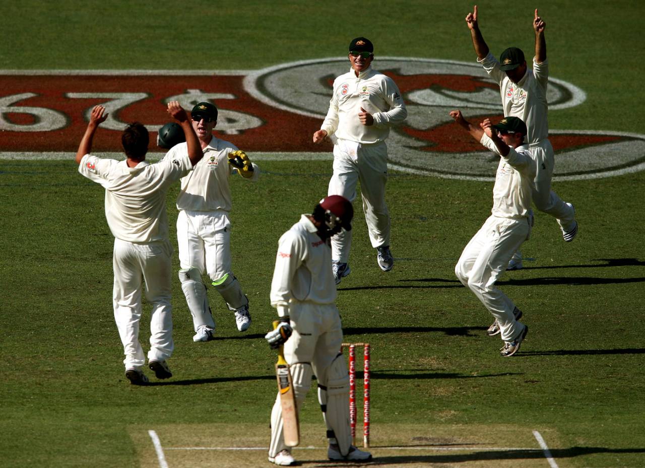 Chris Gayle considers whether to ask for a review of his lbw, Australia v West Indies, 1st Test, Brisbane, 2nd day, November 27, 2009