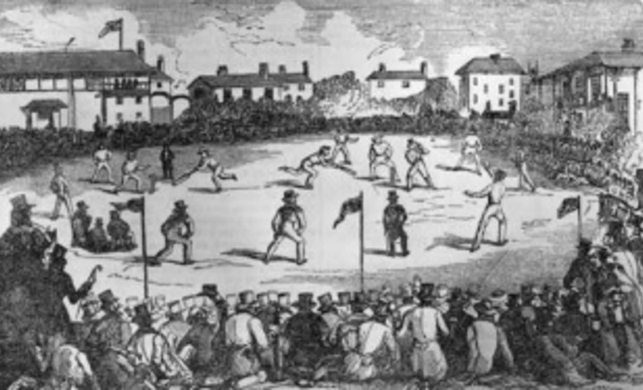 A cricket match at Lord's in London, during which overarm bowling was tested against the accepted underarm method, July 1842