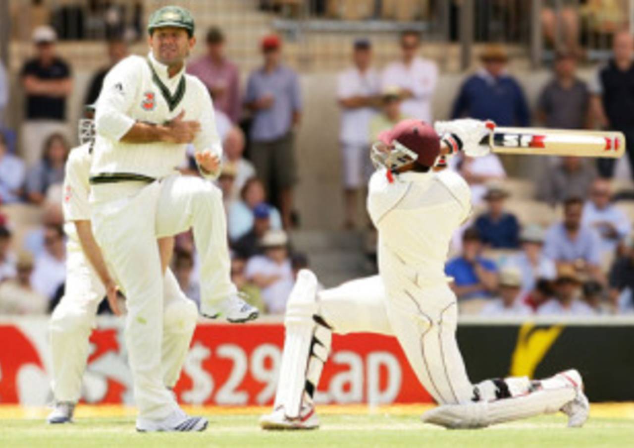 Ravi Rampaul hits out as Ricky Ponting takes cover, 2nd Test, Adelaide, 5 December, 2009