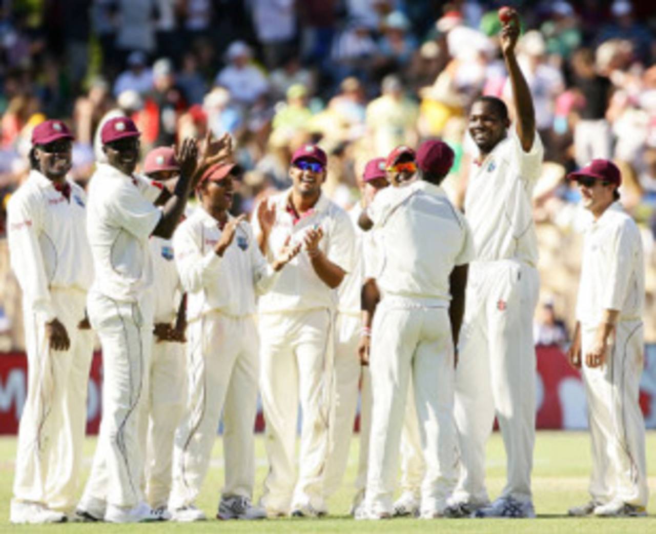 Sulieman Benn raises the ball for his five wickets, Australia v West Indies, 2nd Test, Adelaide