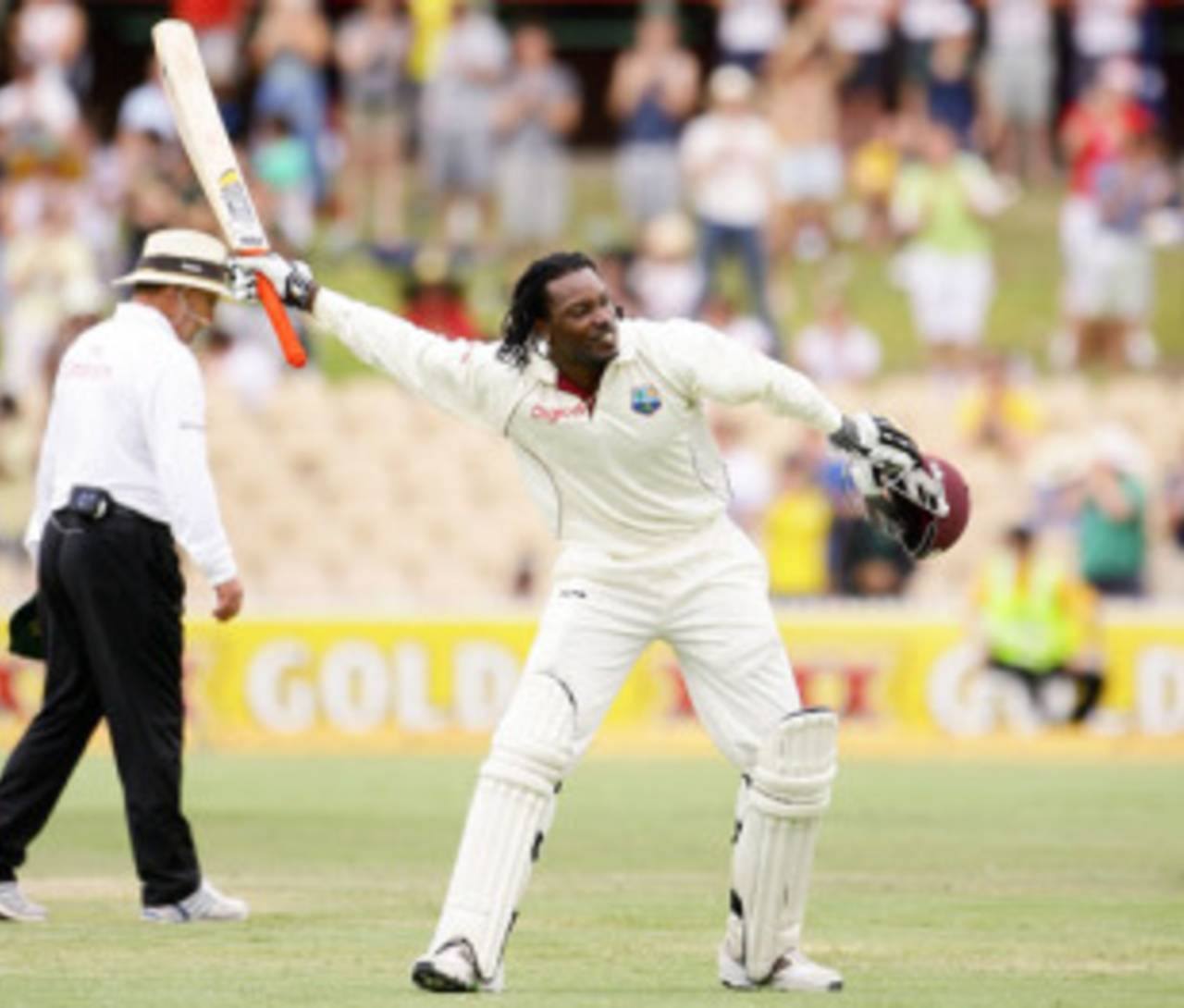 Chris Gayle gets in the swing after reaching three figures, Australia v West Indies, 2nd Test, Adelaide
