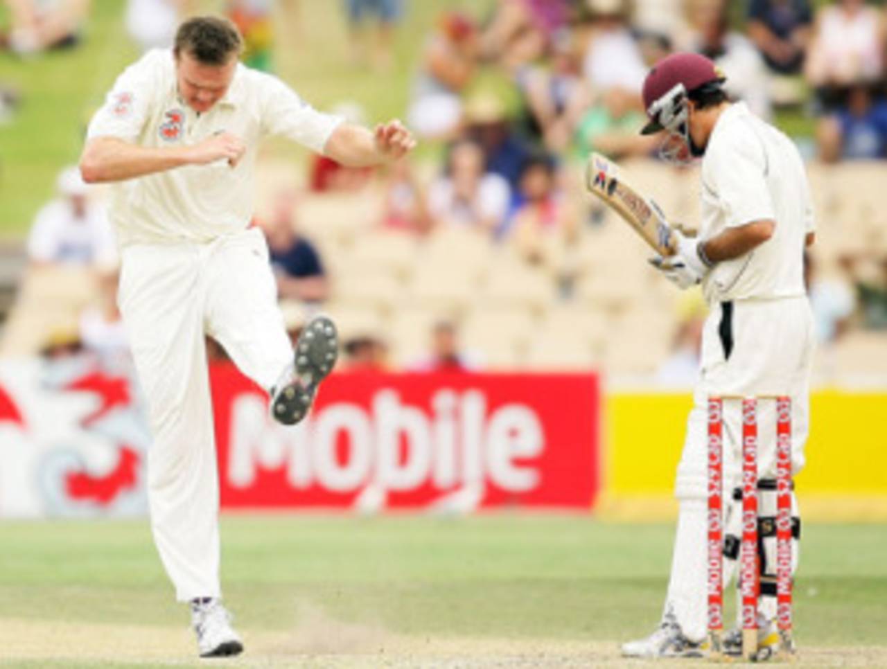 Doug Bollinger is annoyed to miss out on an lbw appeal against Brendan Nash, Australia v West Indies, 2nd Test, Adelaide