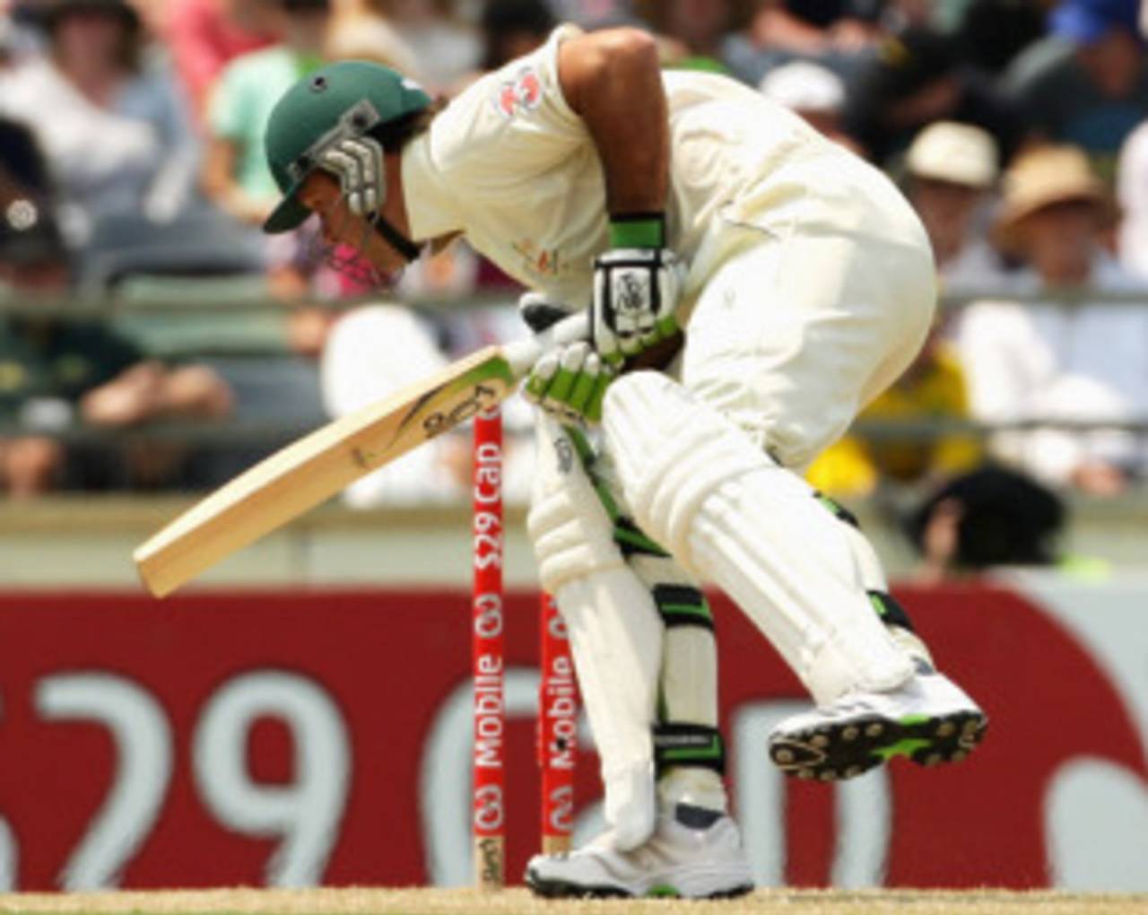 Ricky Ponting is hit on the left elbow by Kemar Roach, Australia v West Indies, 3rd Test, Perth, 16 December 2009