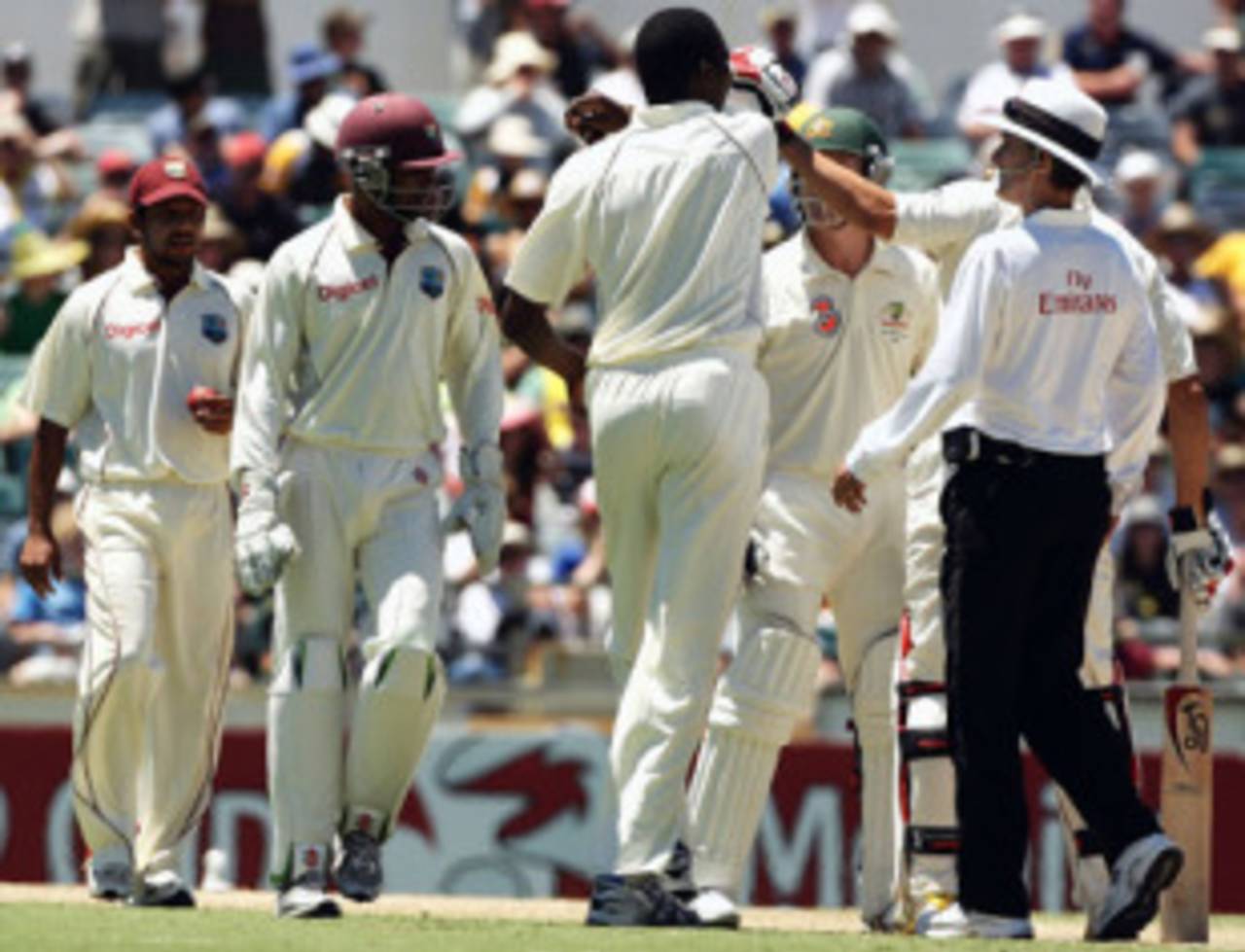 Mitchell Johnson pushes away Sulieman Benn, Australia v West Indies, 2nd Test, Perth, 17 December, 2009
