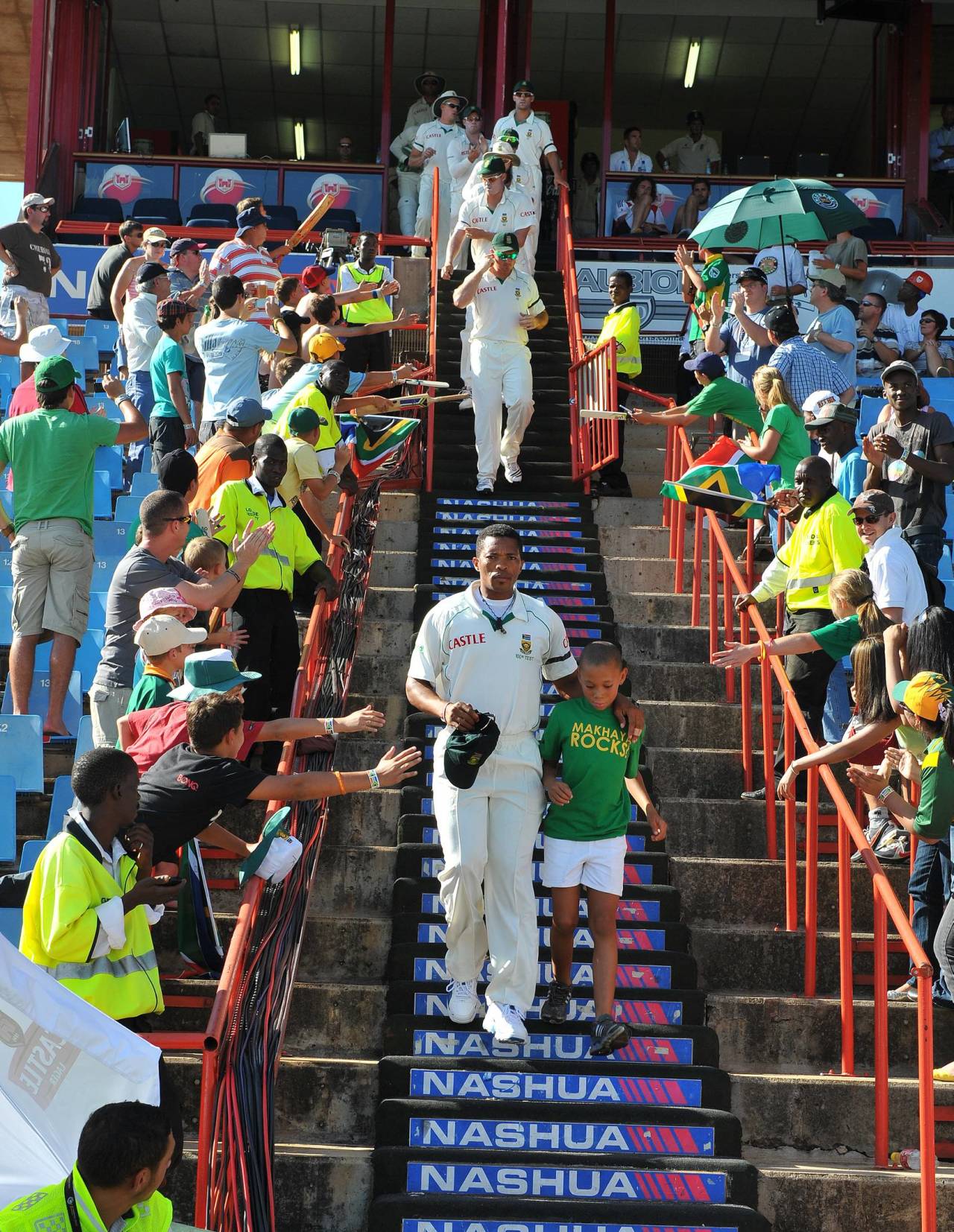 Makhaya Ntini's son joins him as he leads South Africa out onto the field for his 100th cap, South Africa v England, 1st Test, Centurion, December 17, 2009