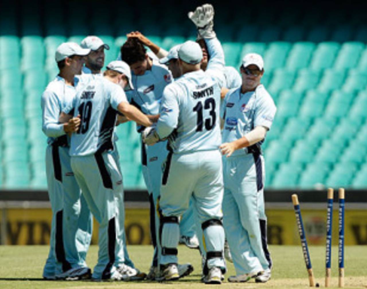 Team-mates mob Mitchell Starc after another Victoria wicket goes down, New South Wales v Victoria, Ford Ranger Cup, Sydney, December 23, 2009