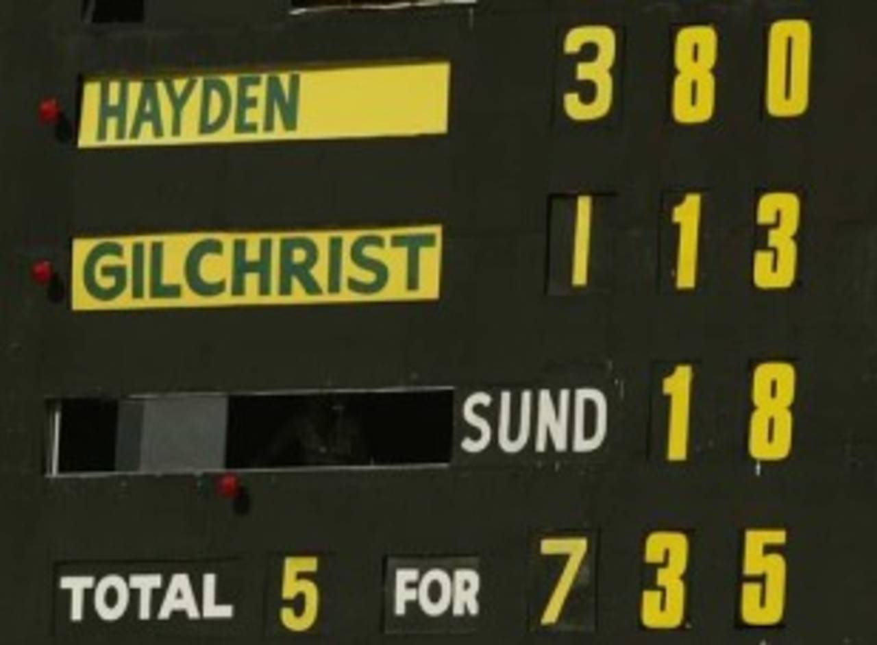 The scoreboard shows Matthew Hayden's world-record score of 380, Australia v Zimbabwe, first Test, Perth, October 10, 2003
