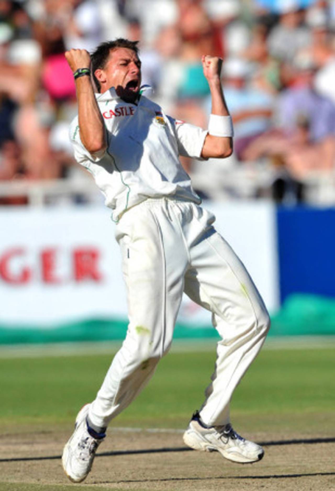 A jubilant Dale Steyn struck just before the close of play, South Africa v England, 3rd Test, Cape Town, January 6, 2010 