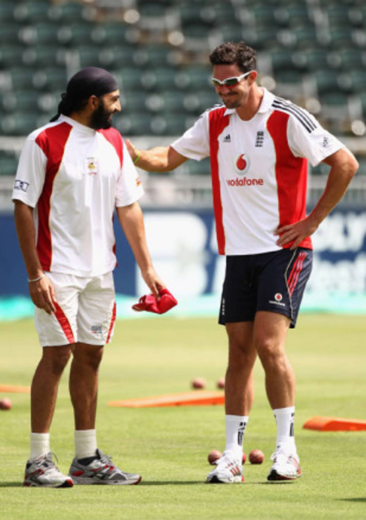 Monty Panesar and Kevin Pietersen share a lighter moment during England's training session ahead of the fourth Test at the Wanderers, England Tour of South Africa, 11 January, 2010