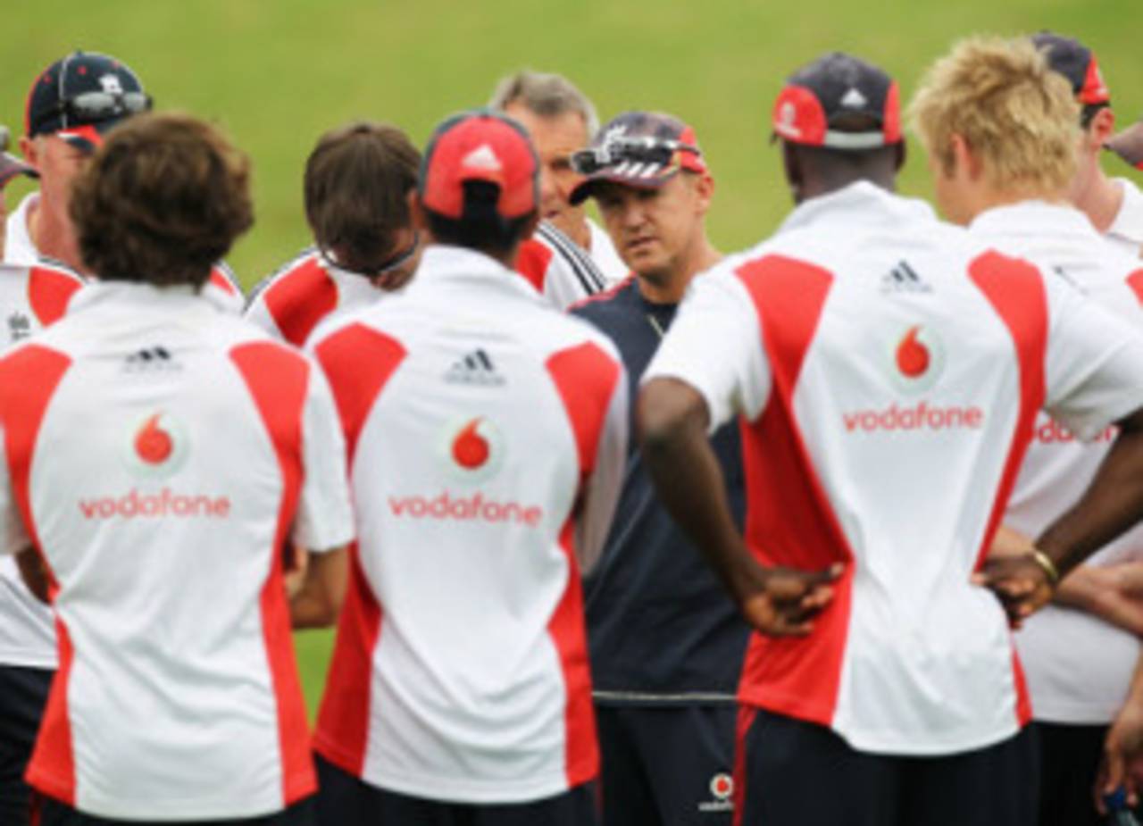 The England cricket team listen intently to Andy Flower during their training session, South Africa, January 13, 2010