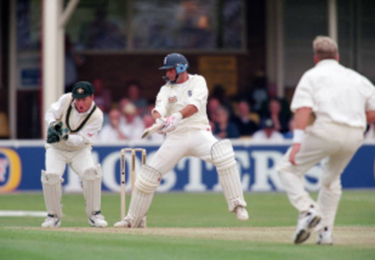 Nasser Hussain slashes one of his way to a double-century, England v Australia, 1st Test, Edgbaston, 2nd day, June 6, 1997