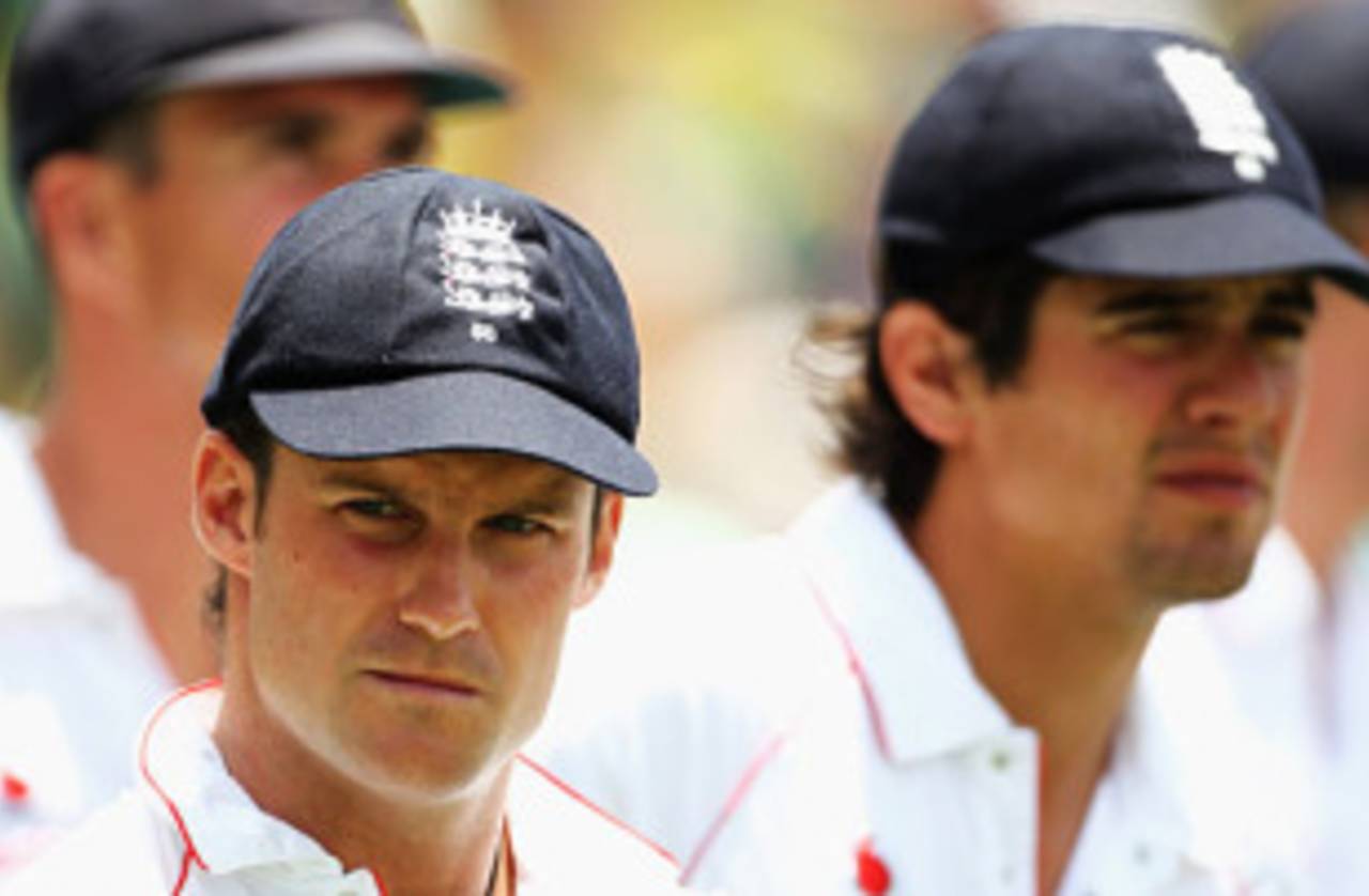 England captain Andrew Strauss and vice-captain Alastair Cook look rueful after England crashed to defeat, South Africa v England, Johannesburg, 17 January, 2010 

