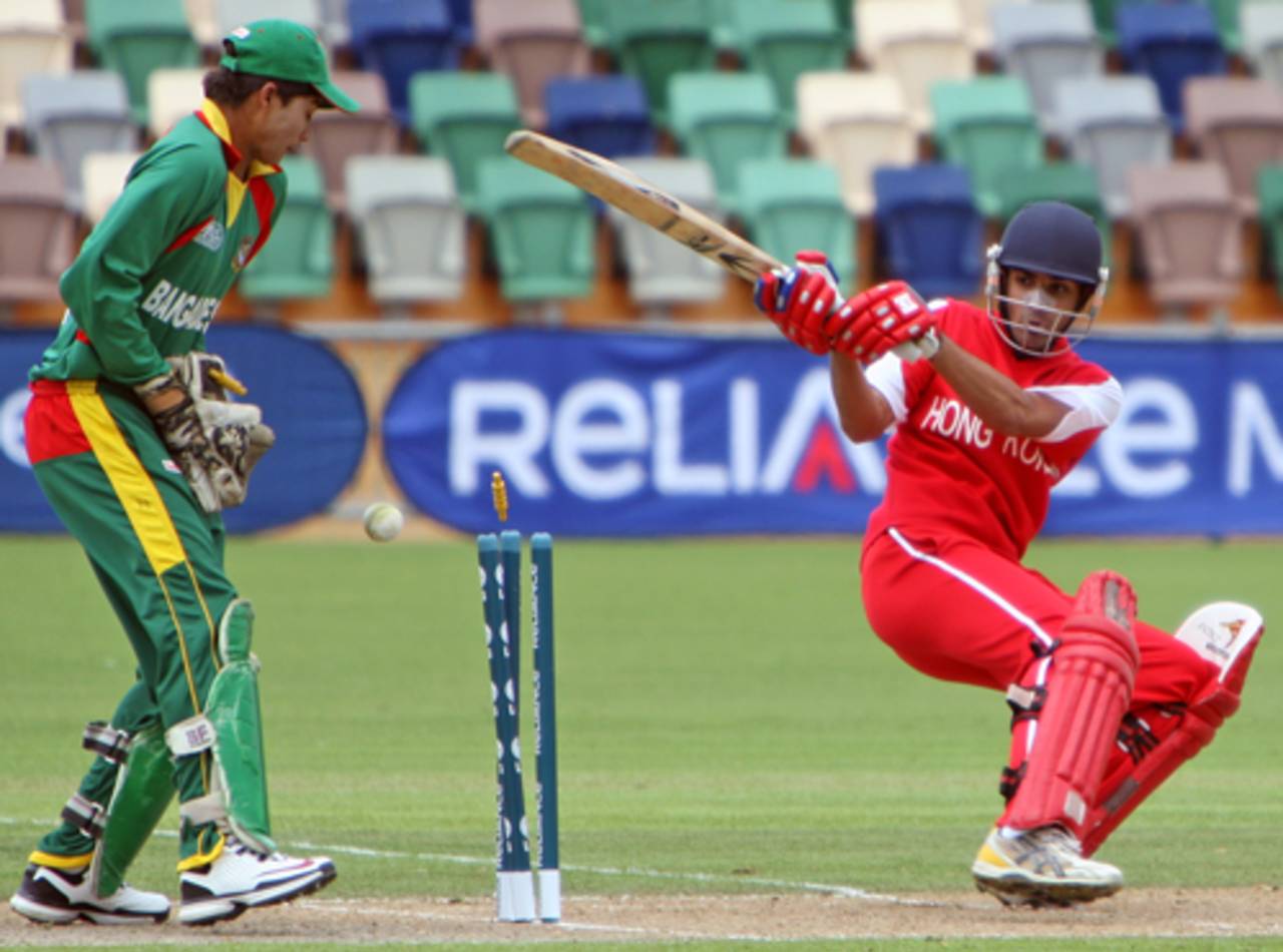 Hong Kong U19's Waqas Barkat is bowled trying to reverse-sweep during the Plate Championship Quarter-final match against Bangladesh U19 at McLean Park, Napier