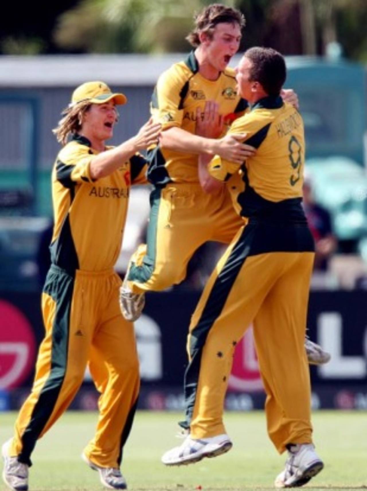Mitchell Marsh, Josh Hazlewood and Tom Beaton celebrate the fall of Hammad Azam, Australia v Pakistan, Under-19 World Cup final, Lincoln, 30 January, 2010