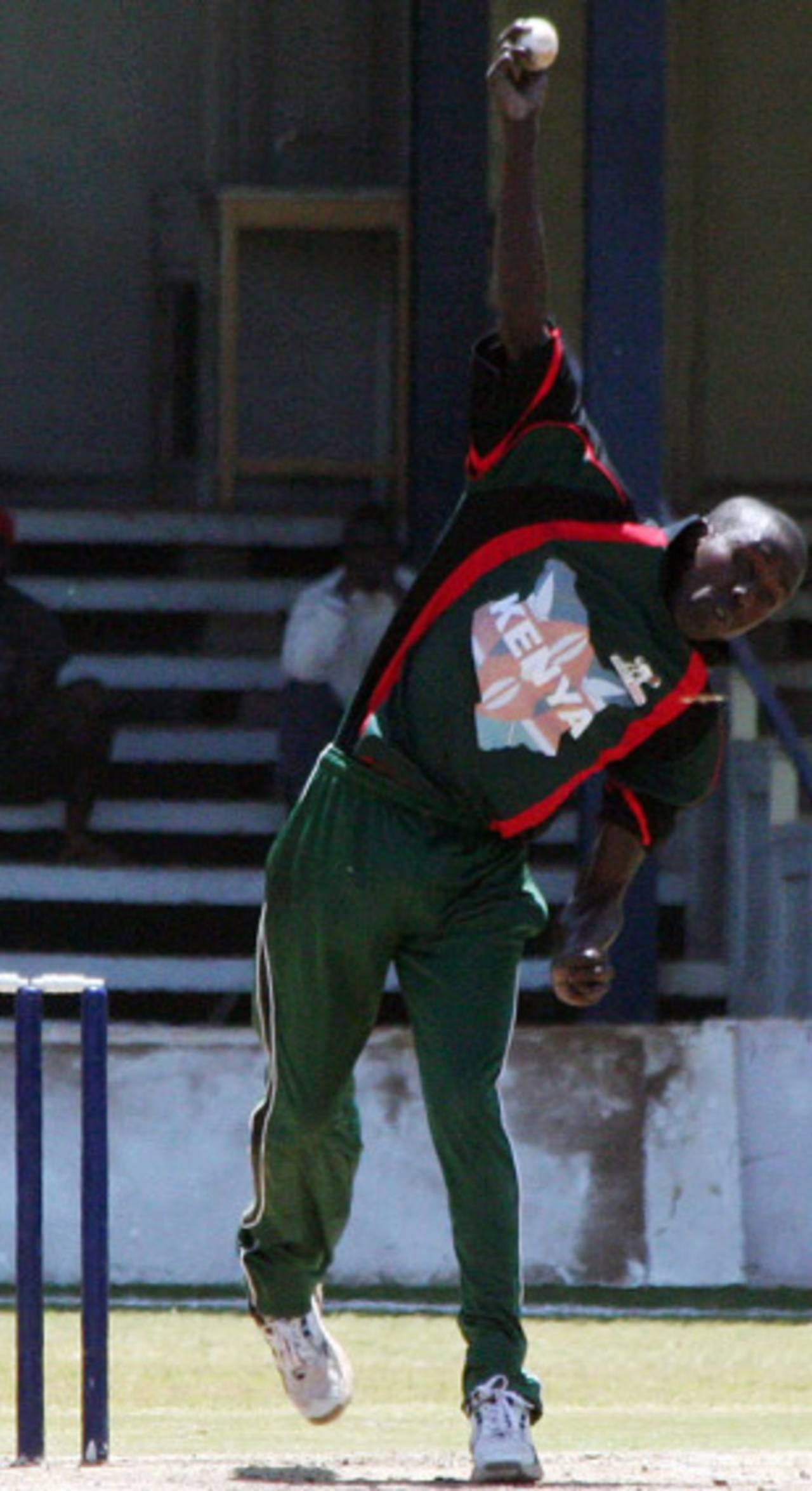 Jimmy Kamande bends his back, Kenya v Scotland, 3rd match, Kenya T20 Tri-Series, Nairobi, February 1, 2010