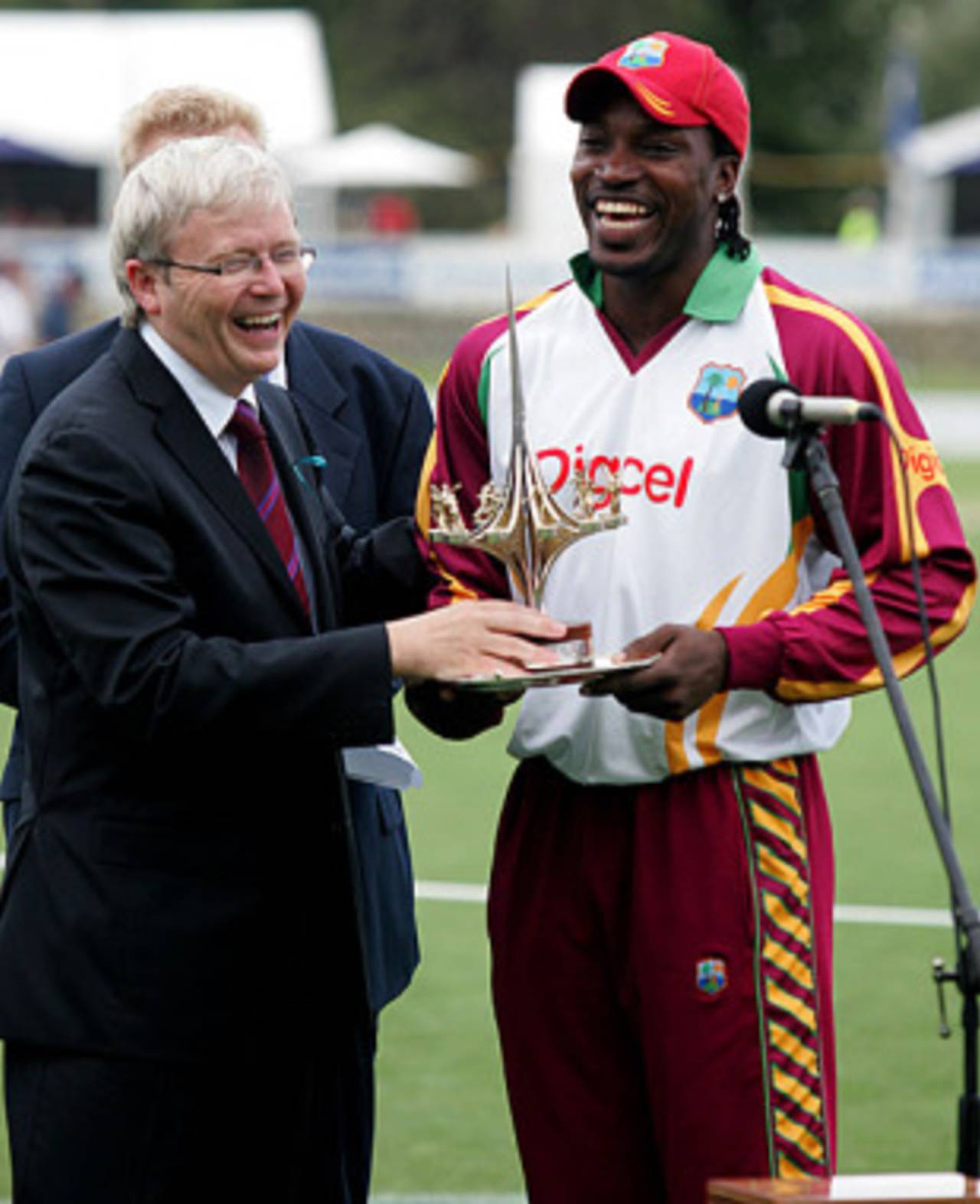 Australian prime minister Kevin Rudd shares a joke with Chris Gayle, Prime Minister's XI v West Indians, Canberra, February 4, 2010