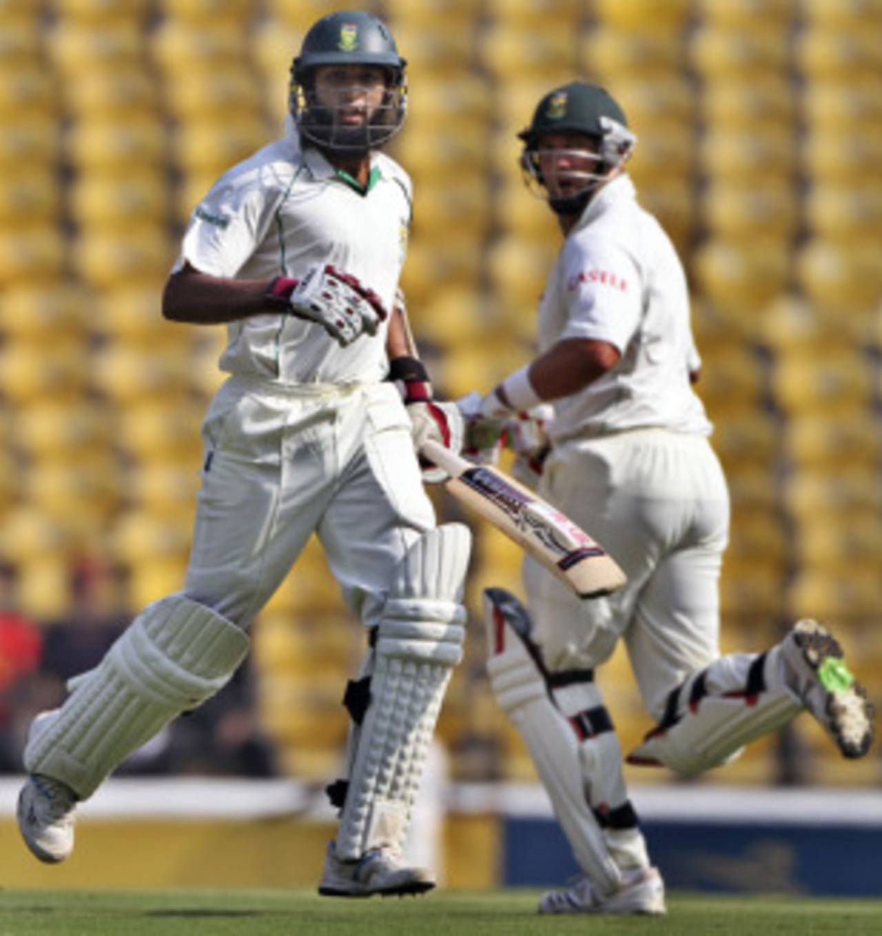 Hashim Amla and Jacques Kallis run between the wickets during their record stand, India v South Africa, 1st Test, Nagpur, 1st day, February 6, 2010