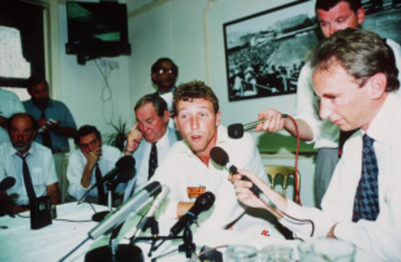 Michael Atherton answers questions about alleged ball-tampering at a press conference, England v South Africa, Lord's, 24 July 1994