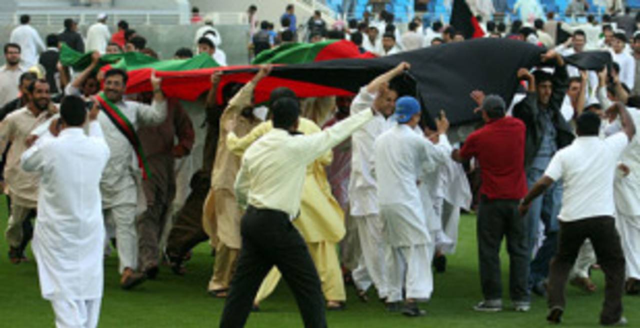 Afghanistan supporters celebrate the win that took their team through to the World Twenty20, United Arab Emirates v Afghanistan, ICC World Twenty20 Qualifier, Super Four, Dubai, February 13, 2010