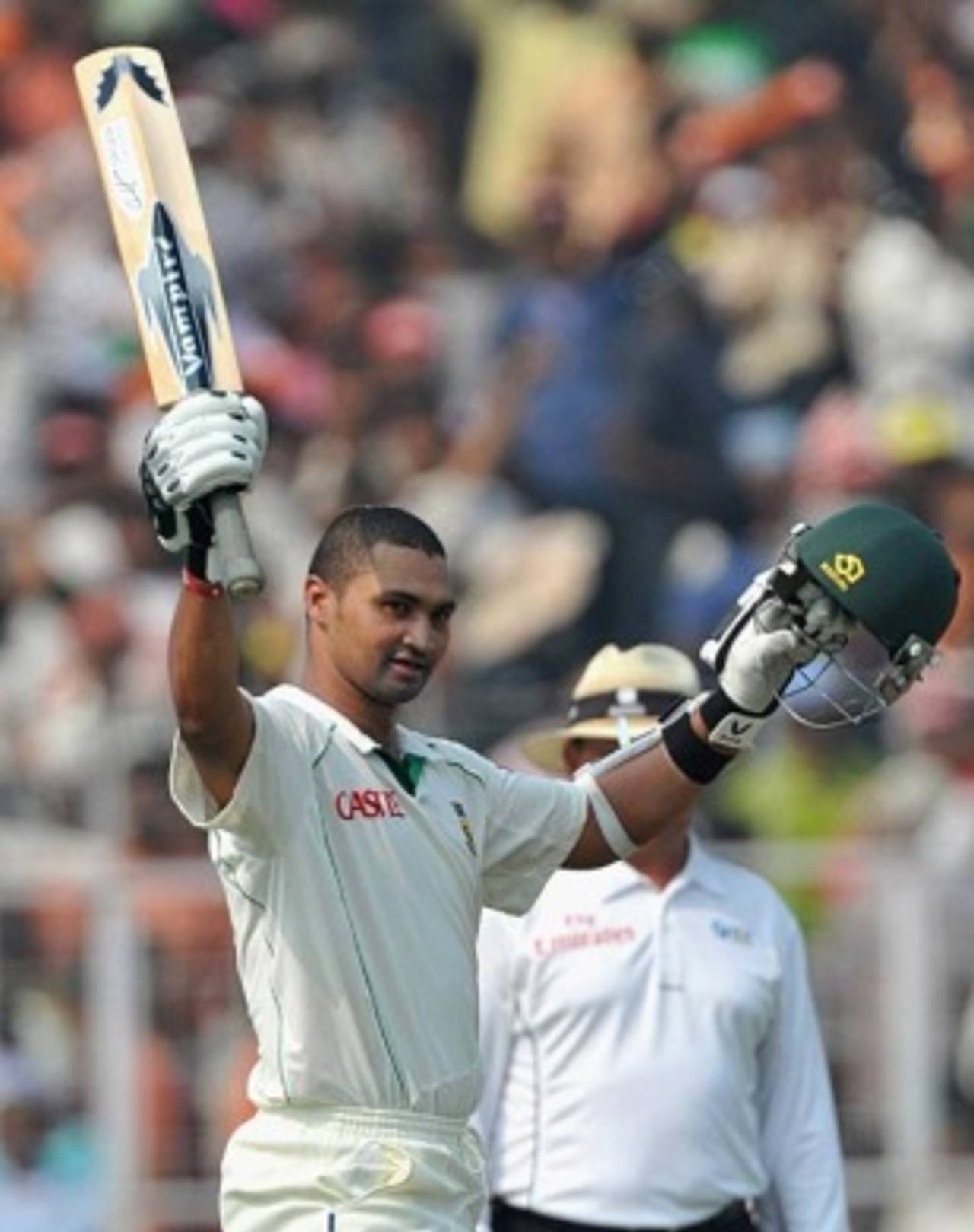 Alviro Petersen acknowledges the cheers after reaching his first century, India v South Africa, 2nd Test, Kolkata, 1st day, February 14, 2010