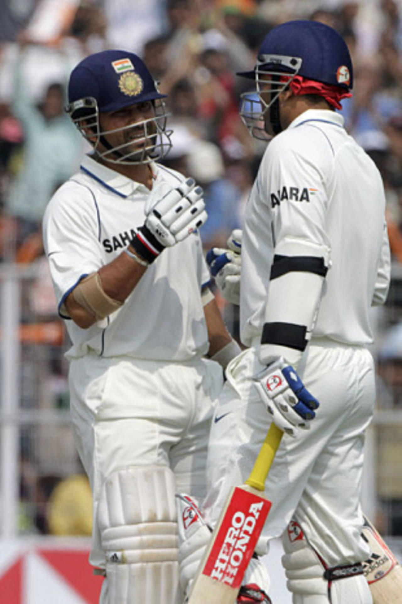 Sachin Tendulkar and Virender Sehwag during their massive stand, India v South Africa, 2nd Test, Kolkata, 2nd day, February 15, 2010
