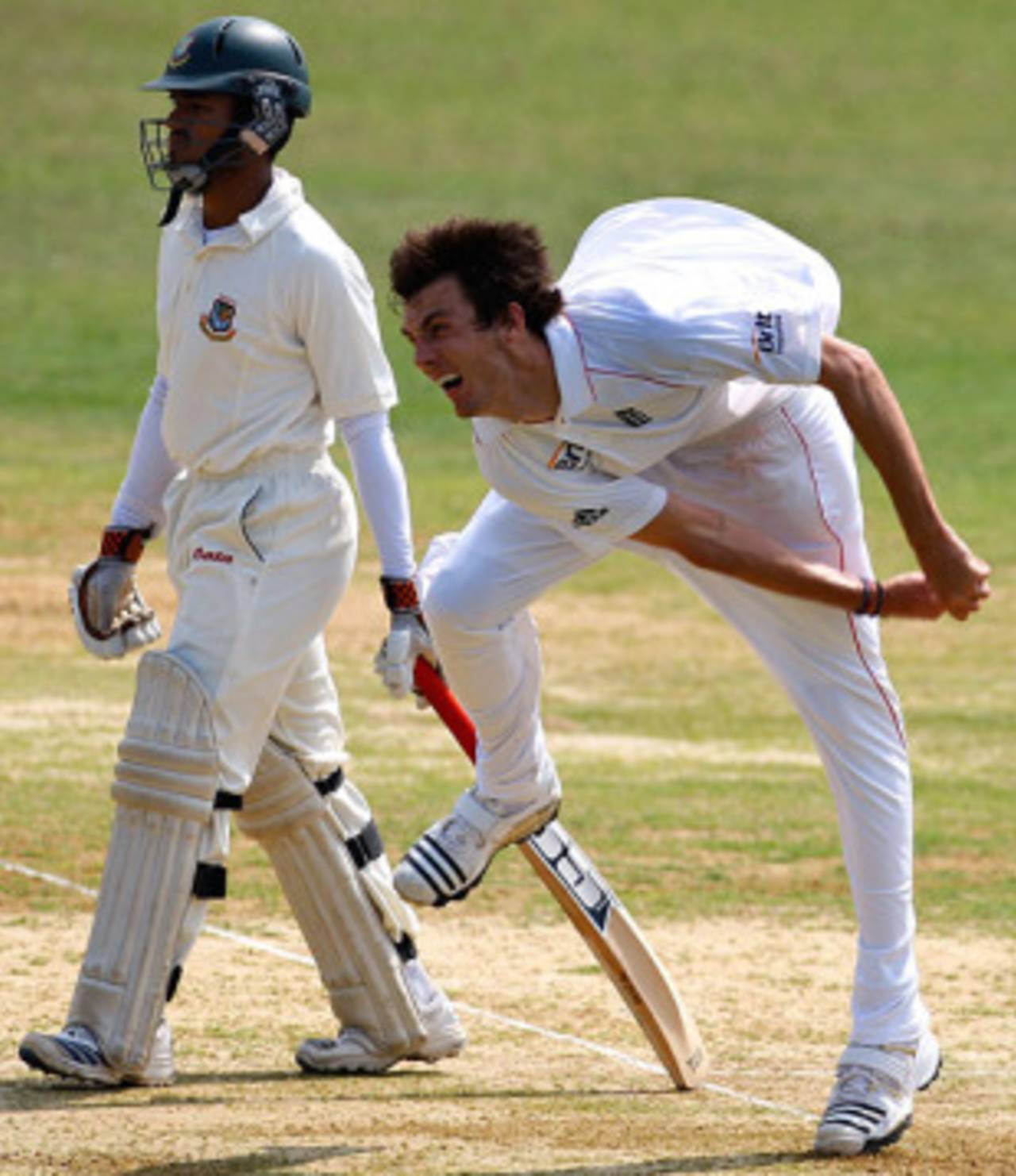 Steven Finn bends his back, Bangladesh A v England XI, tour match, Chittagong, 1st day, March 7, 2010