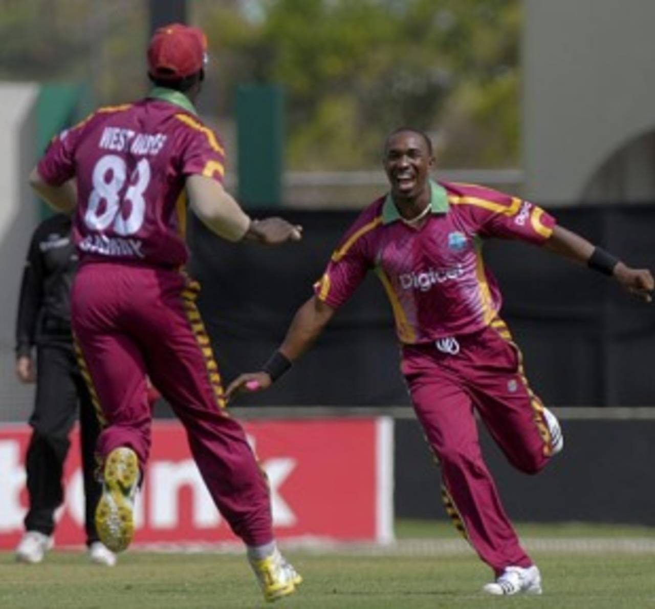 Darren Sammy and Dwayne Bravo celebrate a wicket, West Indies v Zimbabwe, 4th ODI, St. Vincent, March 12, 2010