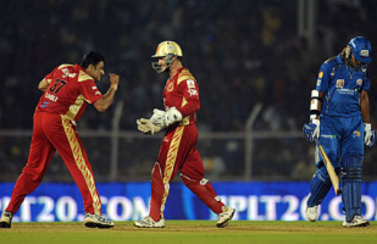 Anil Kumble is chuffed after foxing Saurabh Tiwary, Mumbai Indians v Royal Challengers Bangalore, IPL, Mumbai, March 20, 2010