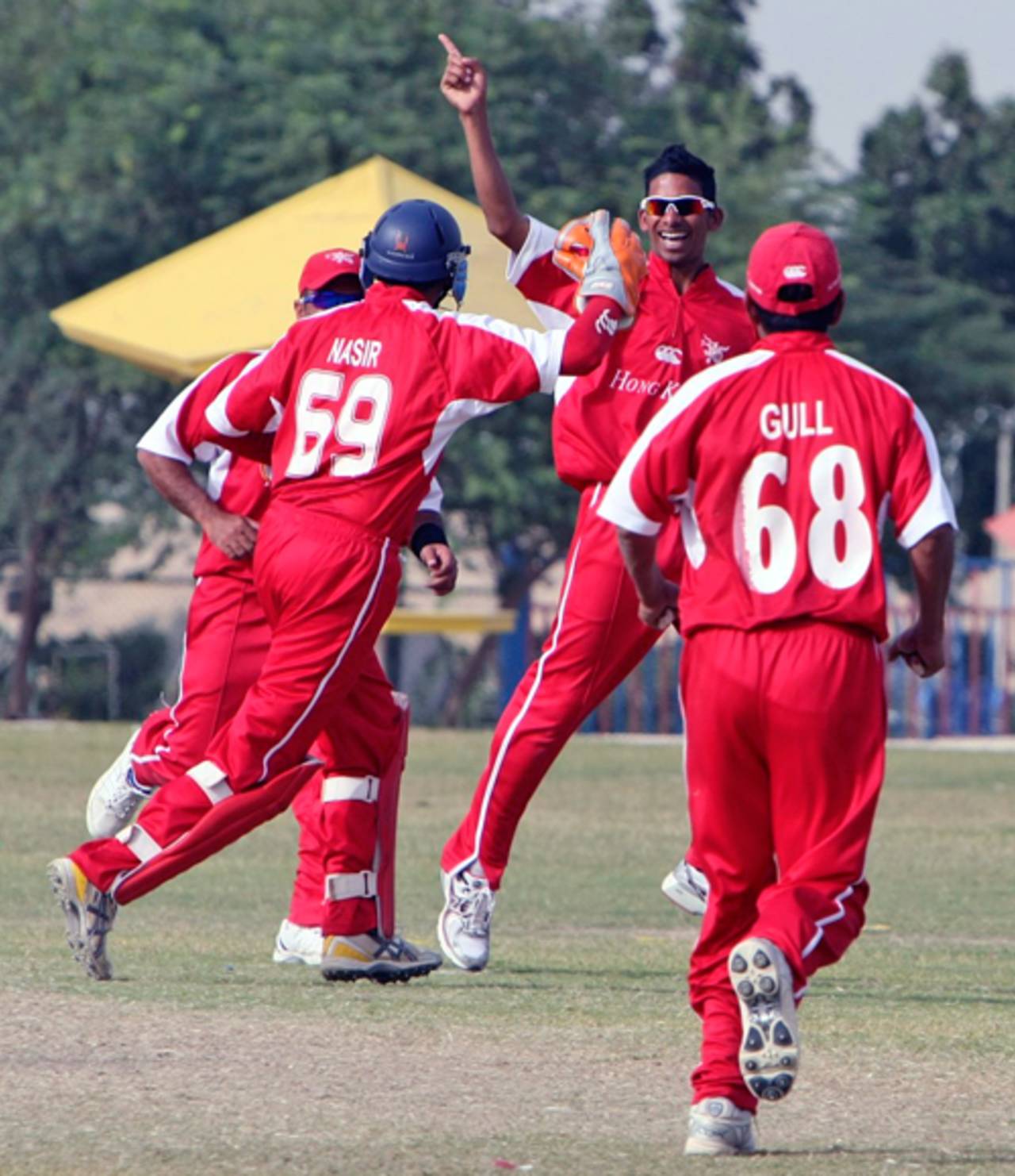 Nadeem Ahmed celebrates one of his five wickets against Singapore at the ACC Trophy Elite 2010 being played in Kuwait